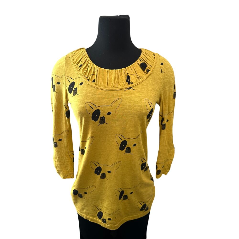 ANTHROPOLOGIE | French Bulldog Graphic Top Yellow Dog Print Scoop Neck Tee | XS - Picture 3 of 8